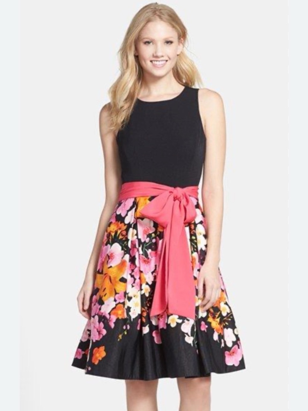 Eliza J Black Floral Skater Skirt with Pink Sash